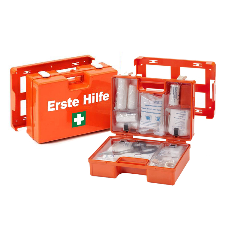 Botiquín de primeros auxilios estándar con contenido según DIN 13157, incluye práctico soporte de pared, botiquín de primeros auxilios en color verde para empresas, oficinas y obras de construcción