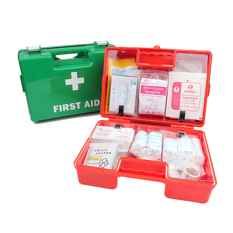 Botiquín de primeros auxilios estándar con contenido según DIN 13157, incluye práctico soporte de pared, botiquín de primeros auxilios en color verde para empresas, oficinas y obras de construcción