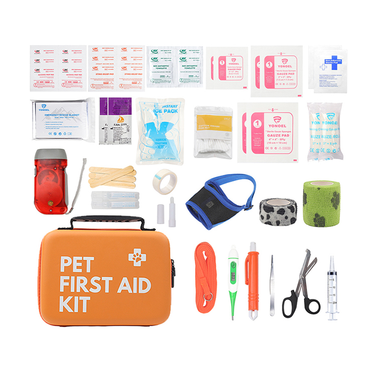 Kit de primeros auxilios para perros y gatos para automóvil - Kit de emergencia para mascotas para viajes en casa o oficina - Elementos esenciales para acampar para perros con termómetro digital, bozal y mini bolsa de primeros auxilios